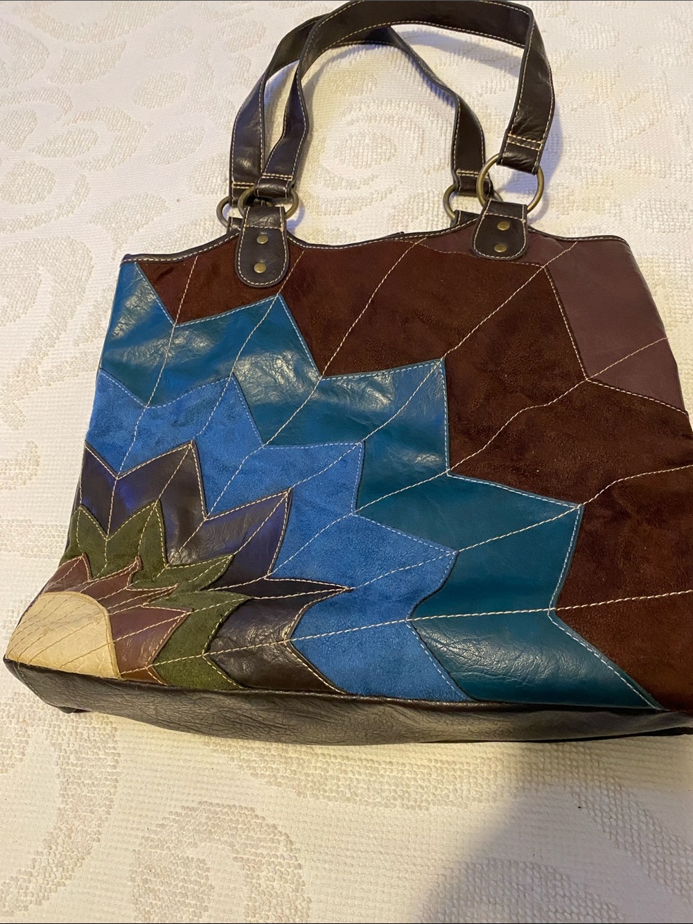 Route 66 Multicolor Patchwork  Shoulder Tote in Blue and Brown